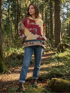 Upcycled Patchwork Quilted Hoodie in Red and Green